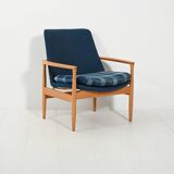 Scandinavian oak and blue wool armchair