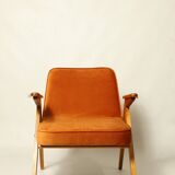 Vintage Lounge Chair Burt Orange by J. Chierowski, 1960, Scandinavian Design Velvet Fabric