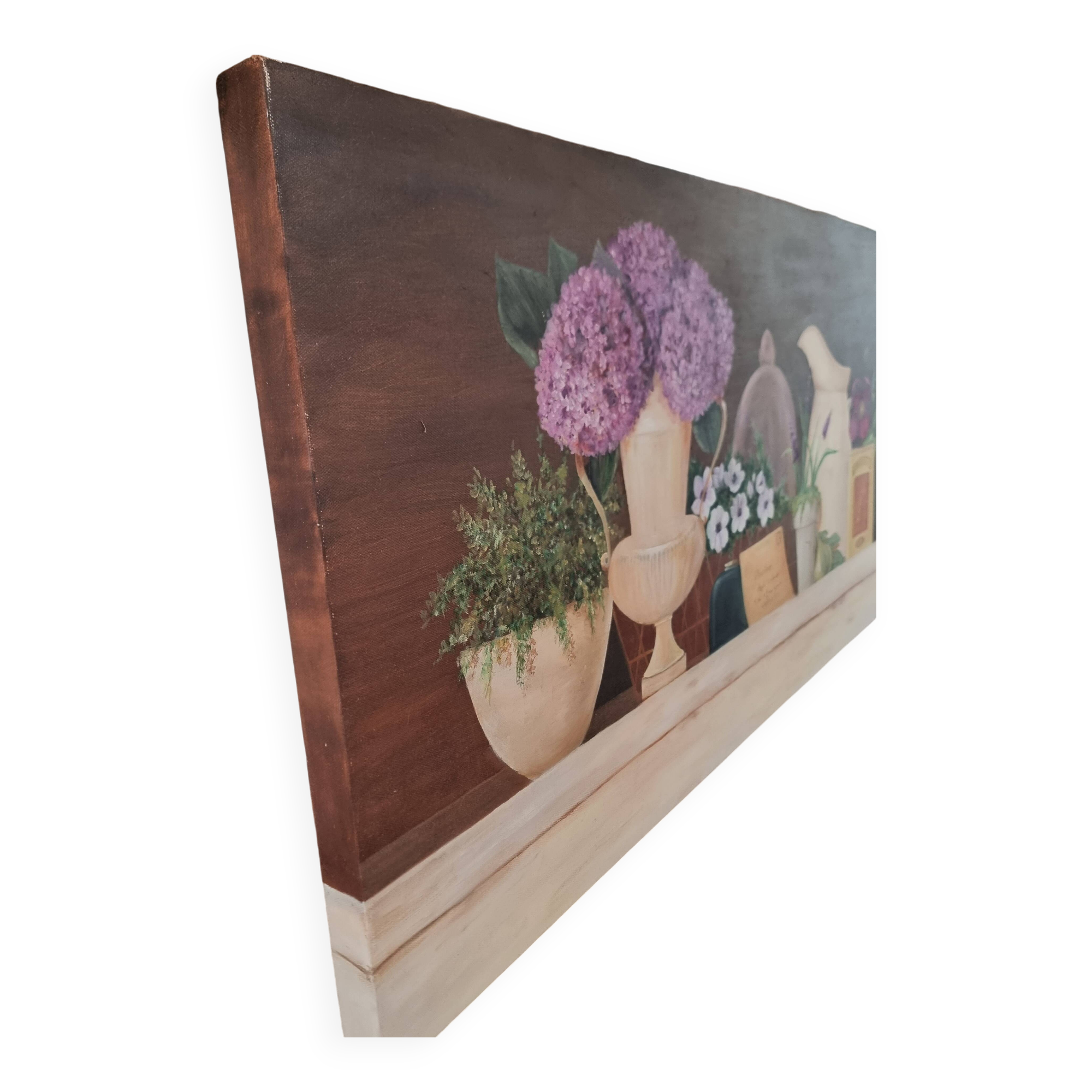 Oil painting on canvas flower and pot 100 x 50 cm