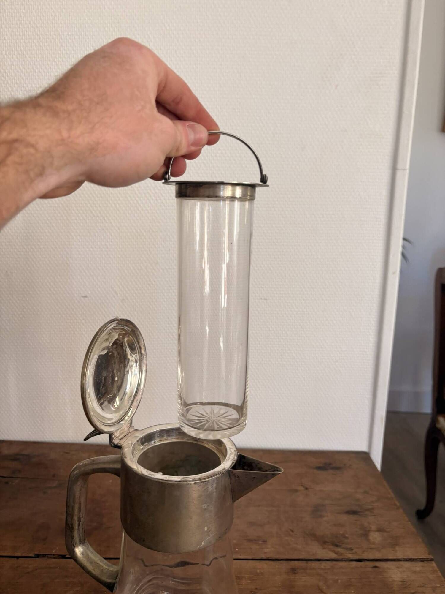 Chiller pitcher, lemonade jug, silver metal glass, Art Nouveau wine carafe.