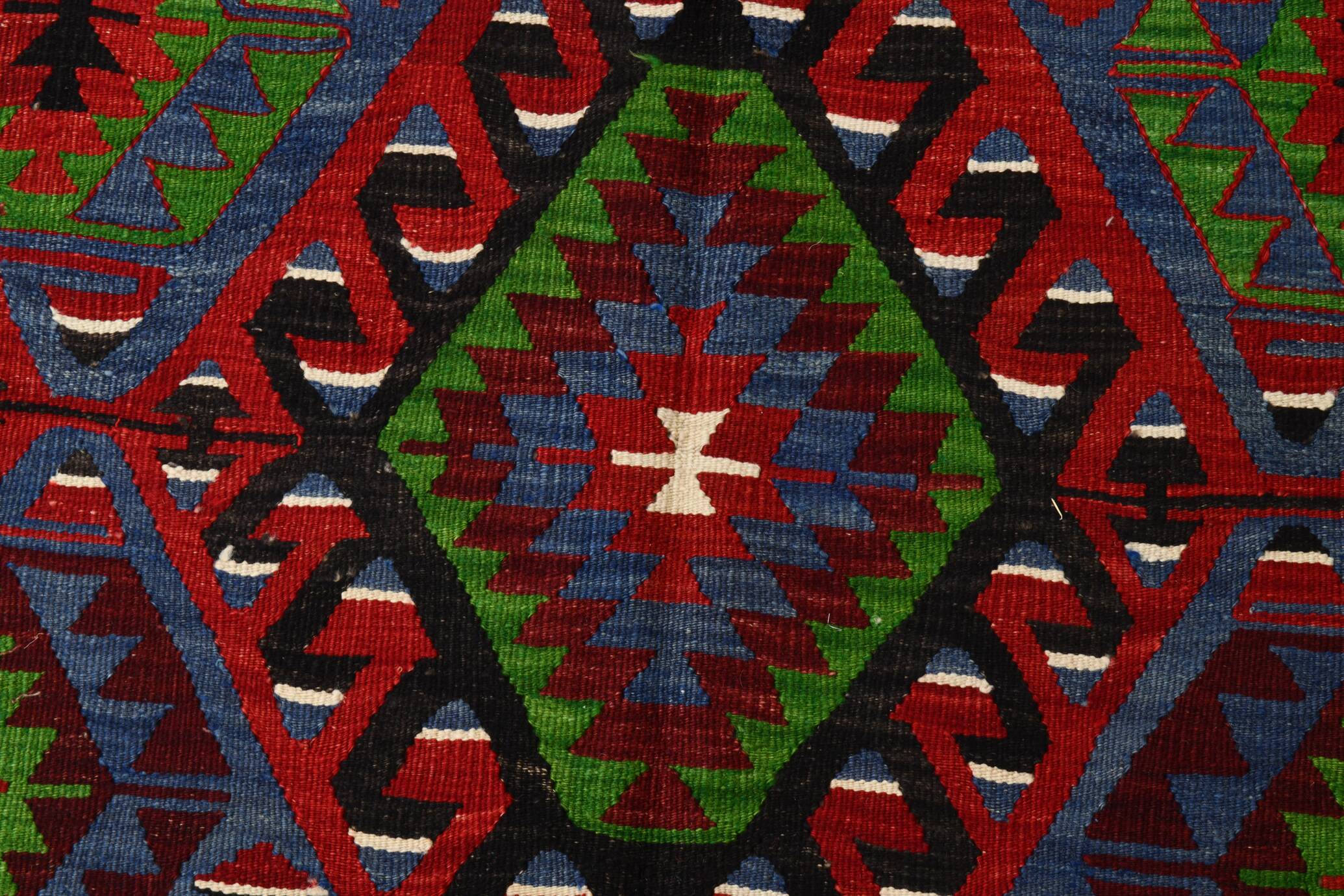 Geometric Blue & Green Vintage Kilim Rug, 154x305Cm