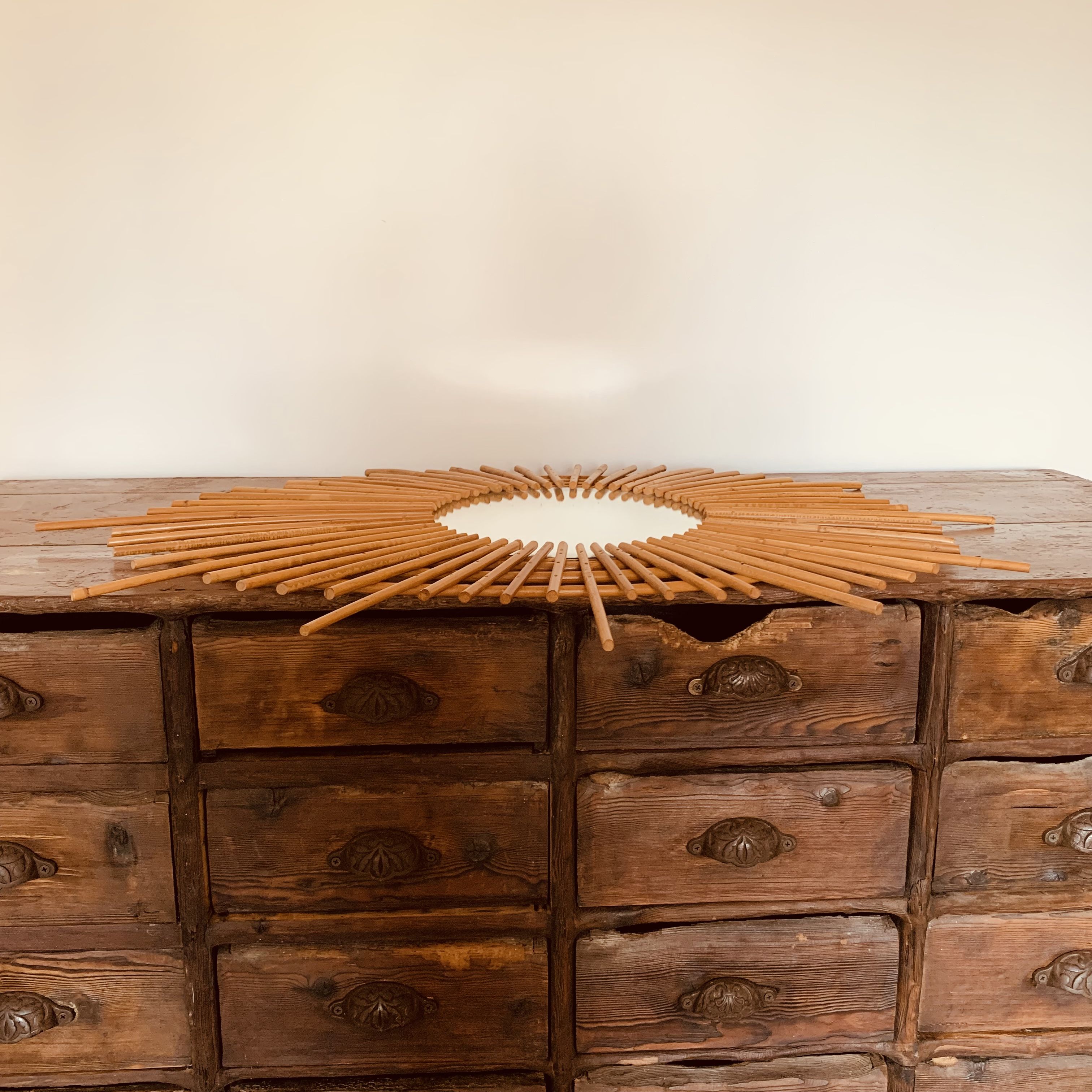 Vintage rattan sun mirror from the 60s, 73x92 cm
