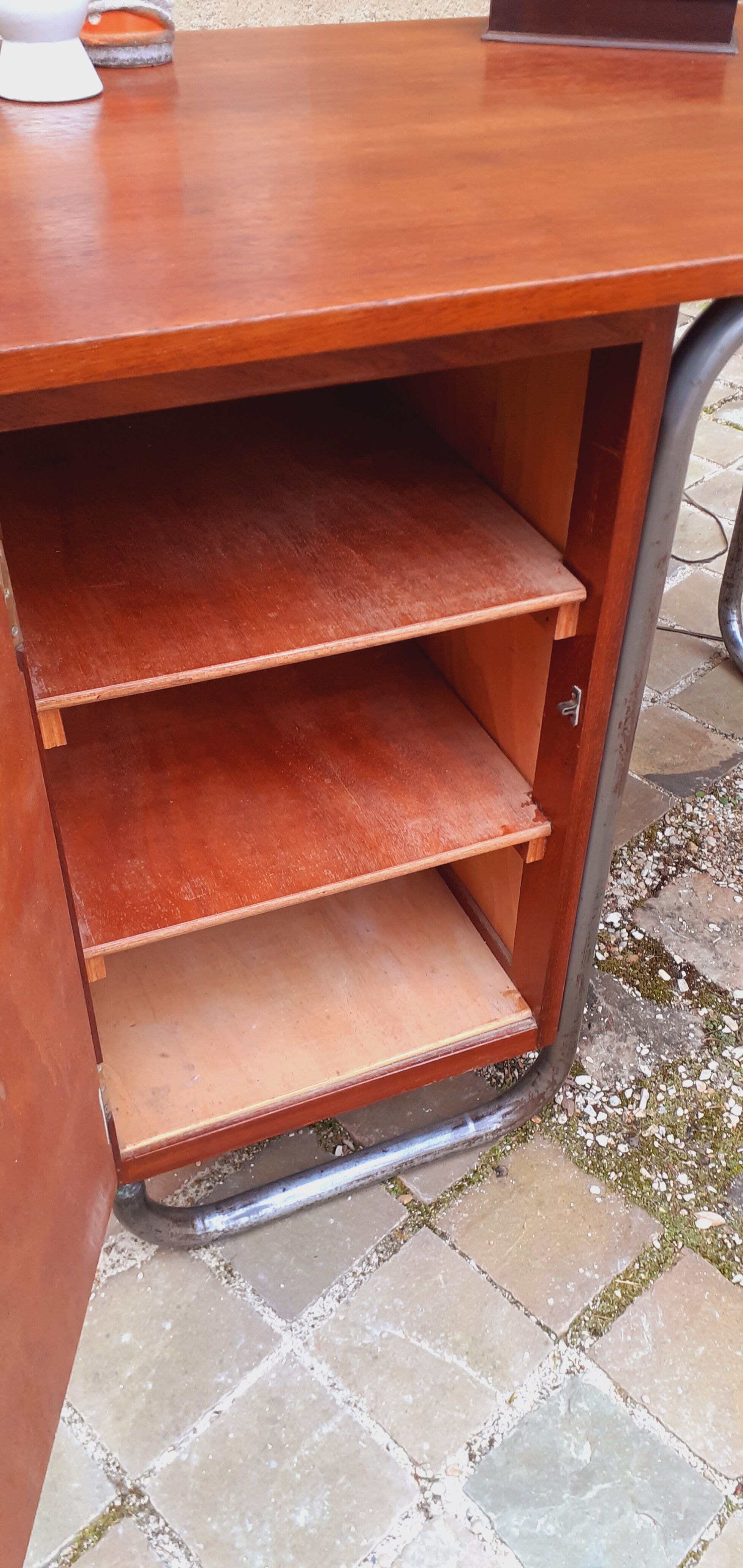 Vintage tubular desk year 50 in solid teak and light wood veneer