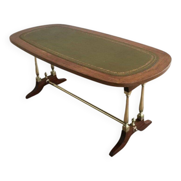 Table basse néoclassique en bois, laiton et cuir