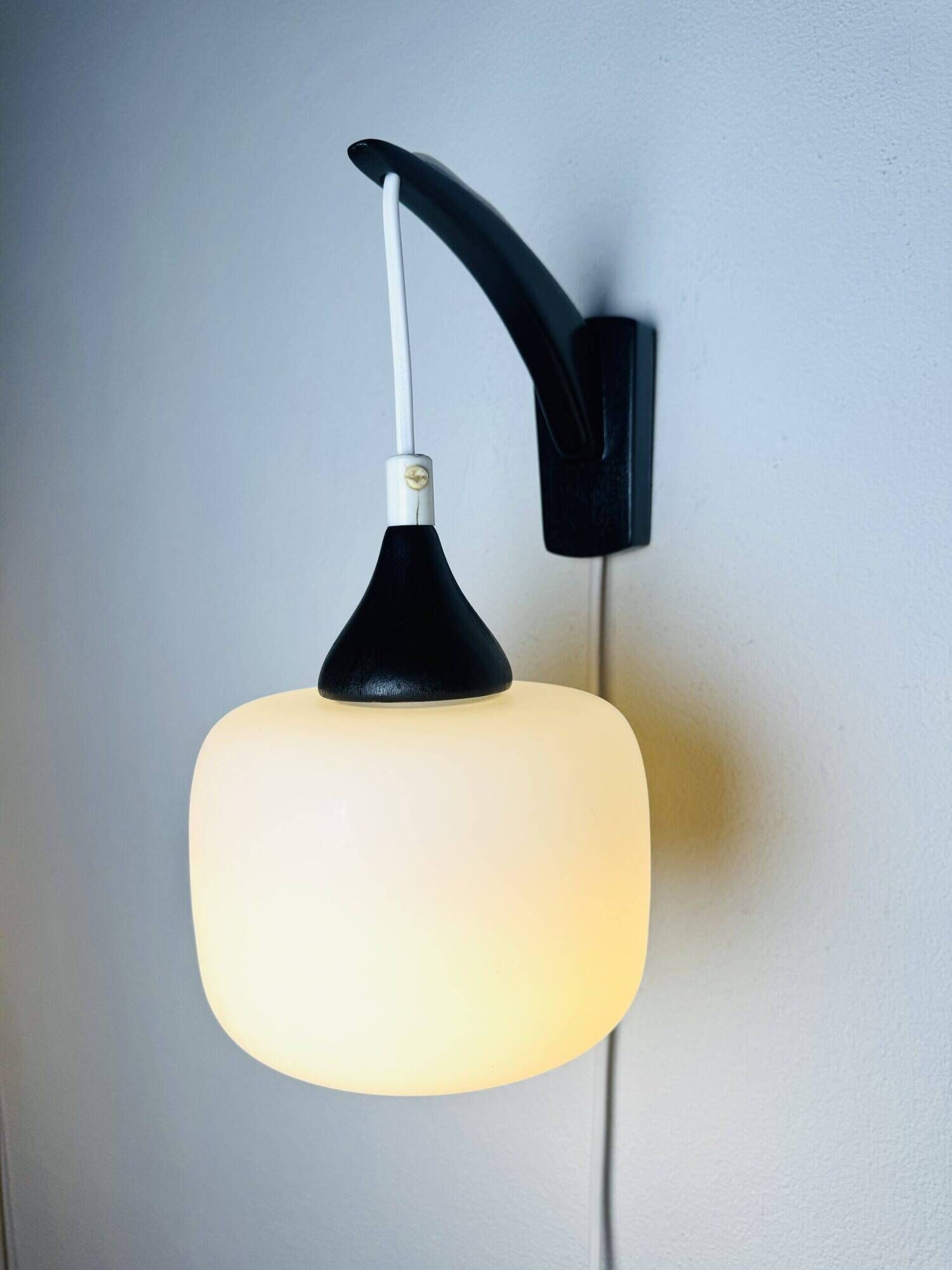Set Of Single-Arm Wall Lamps In Teak And Opaline Glass By Uno & Östen Kristiansson For Luxus, Sweden 1960S