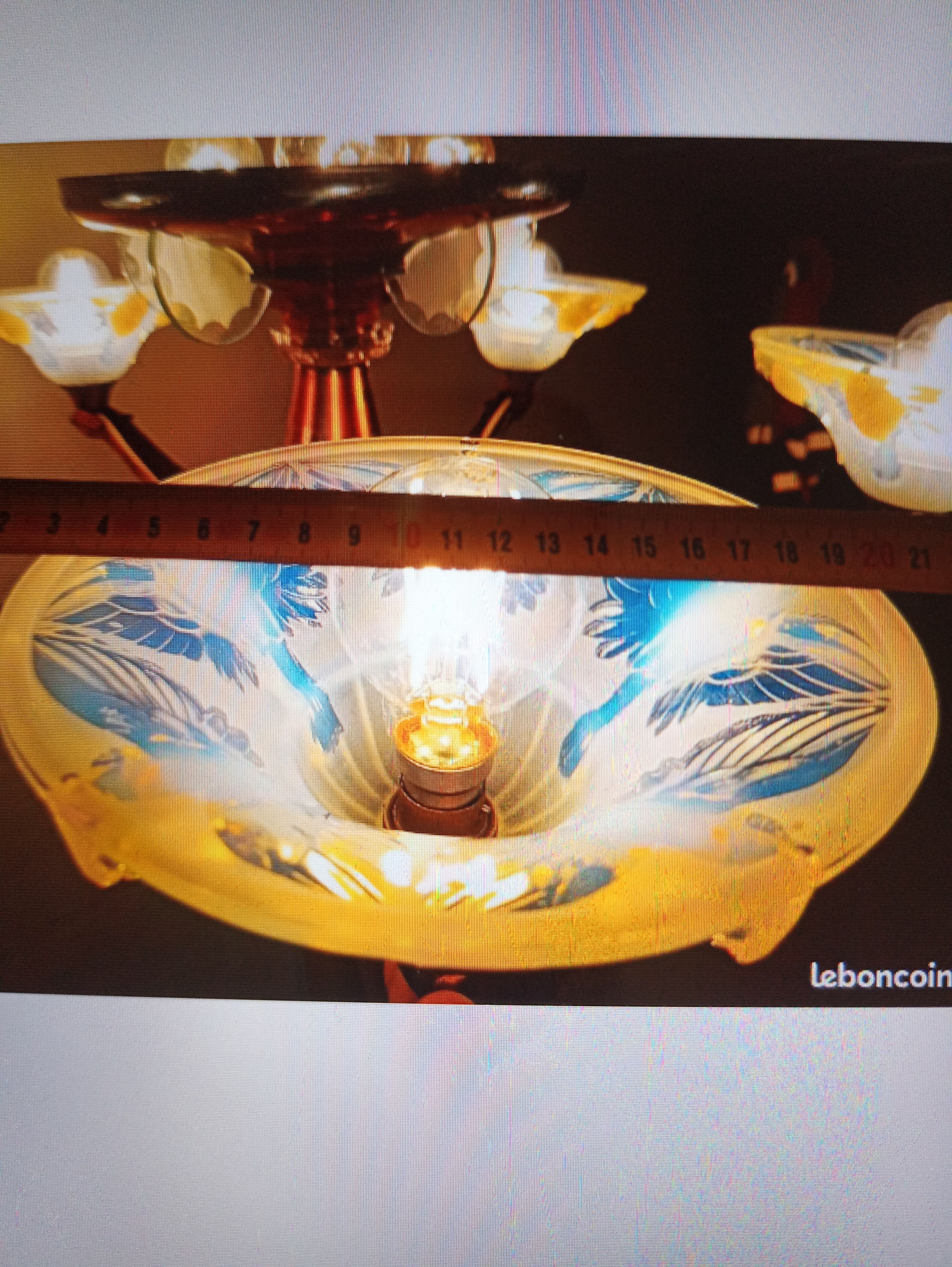 Opalescent glass and copper chandelier