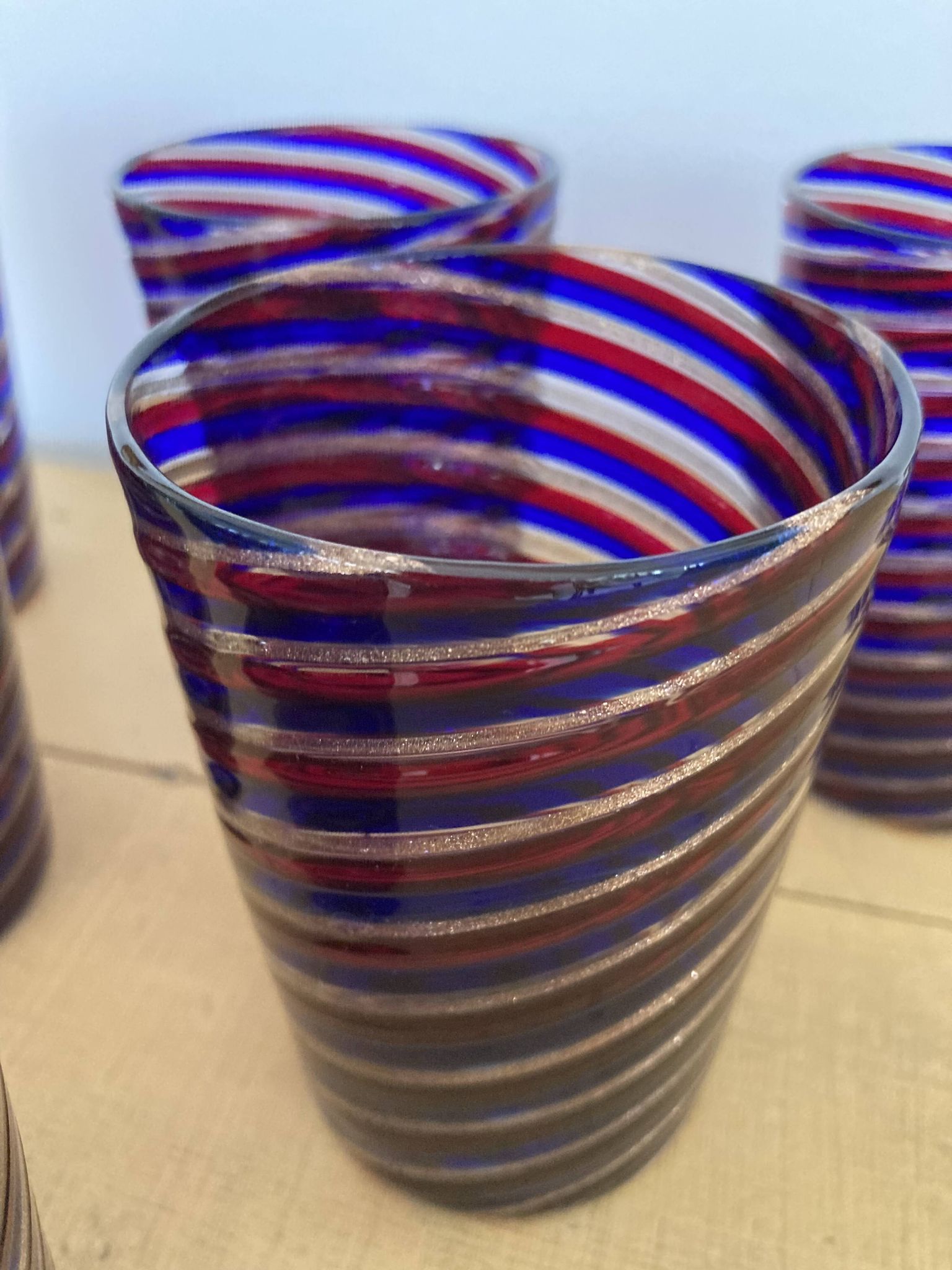 6 verres gobelets d'art Murano spirales tricolores