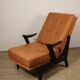 Paire de fauteuils vintage années 50 en bois noir et cuir caramel