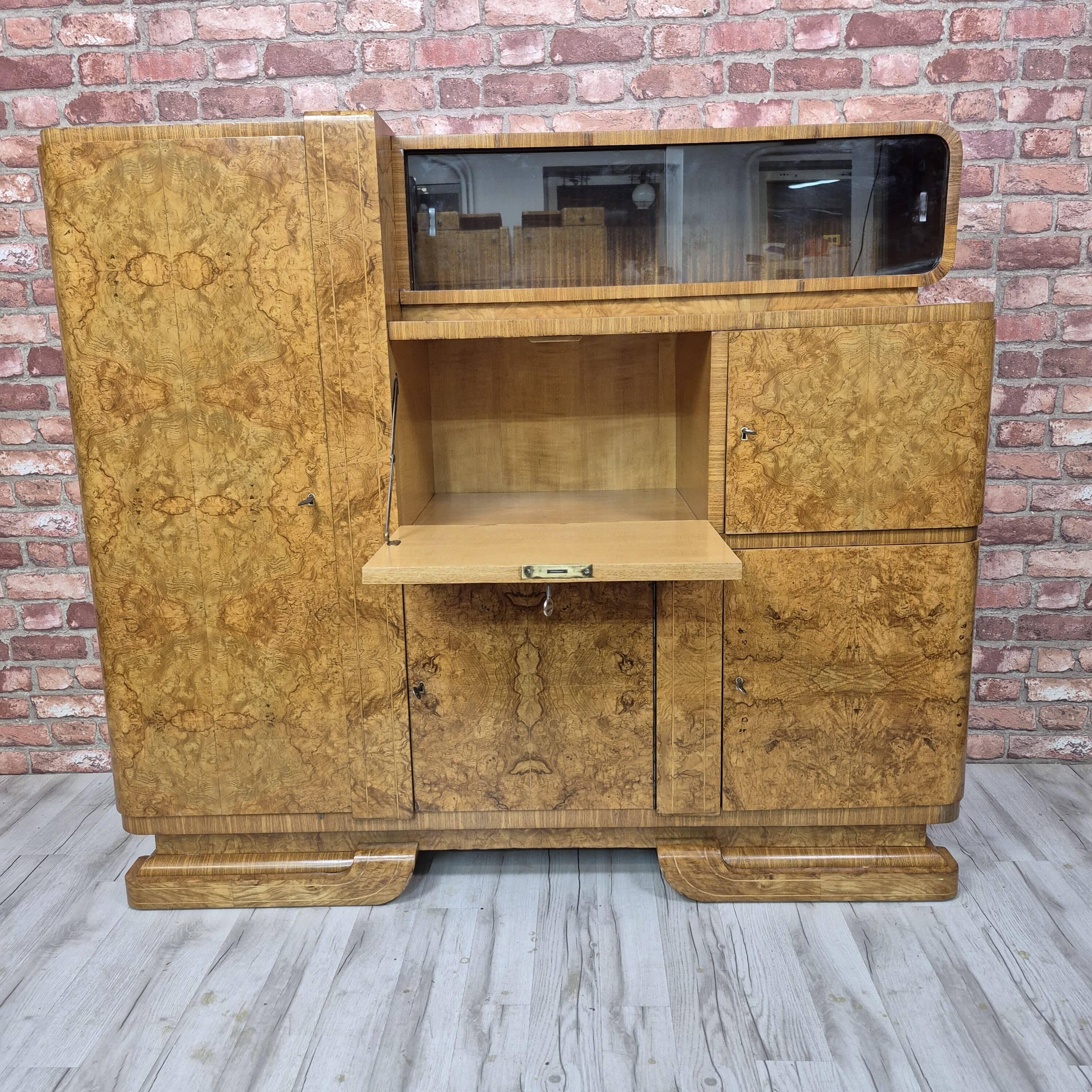 Buffet Art Déco asymétrique en noyer burl – Style "Gratte-ciel", années 1930