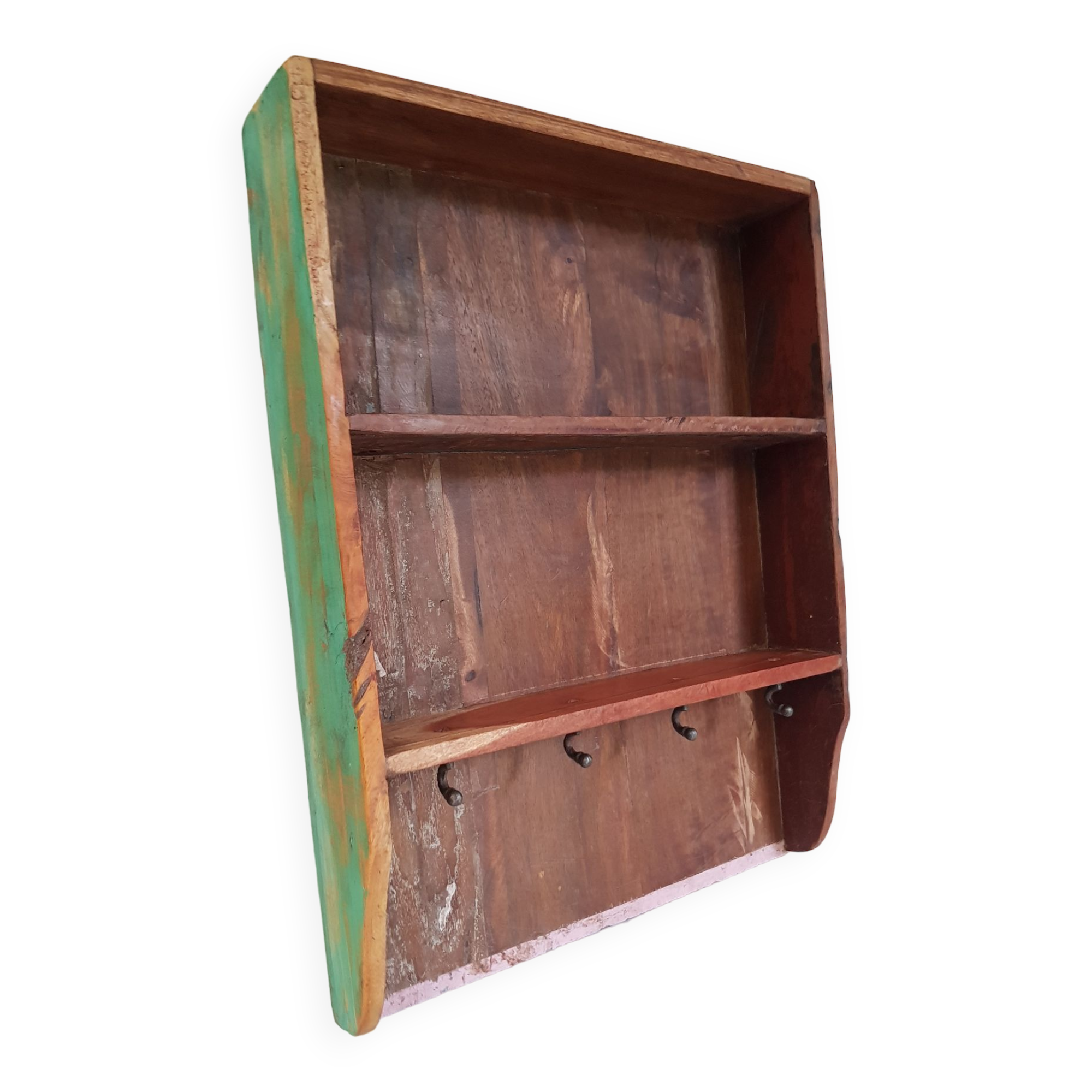 Wall shelf 3 shelves + 4 hooks cast iron polychrome wood