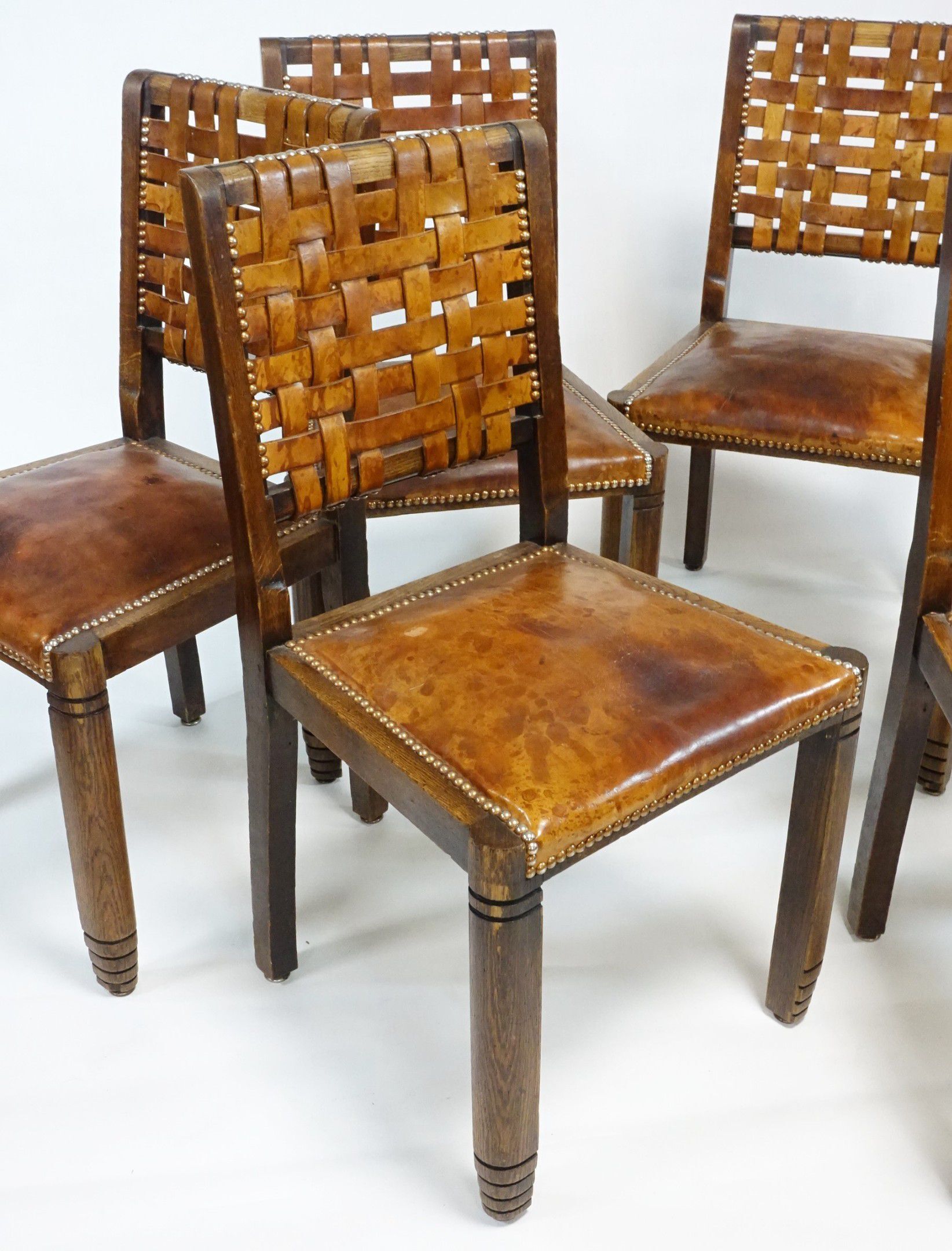 6 chairs brutalist 50s leather and wood