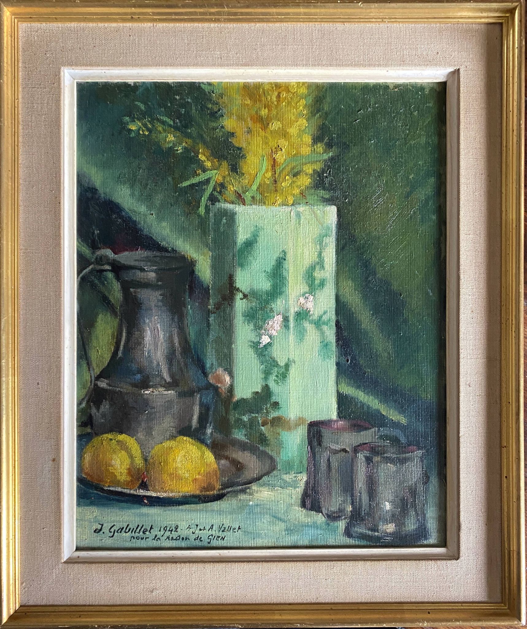 HSP painting "Bouquet of forsythia with lemons" signed A. Gabillet 1942