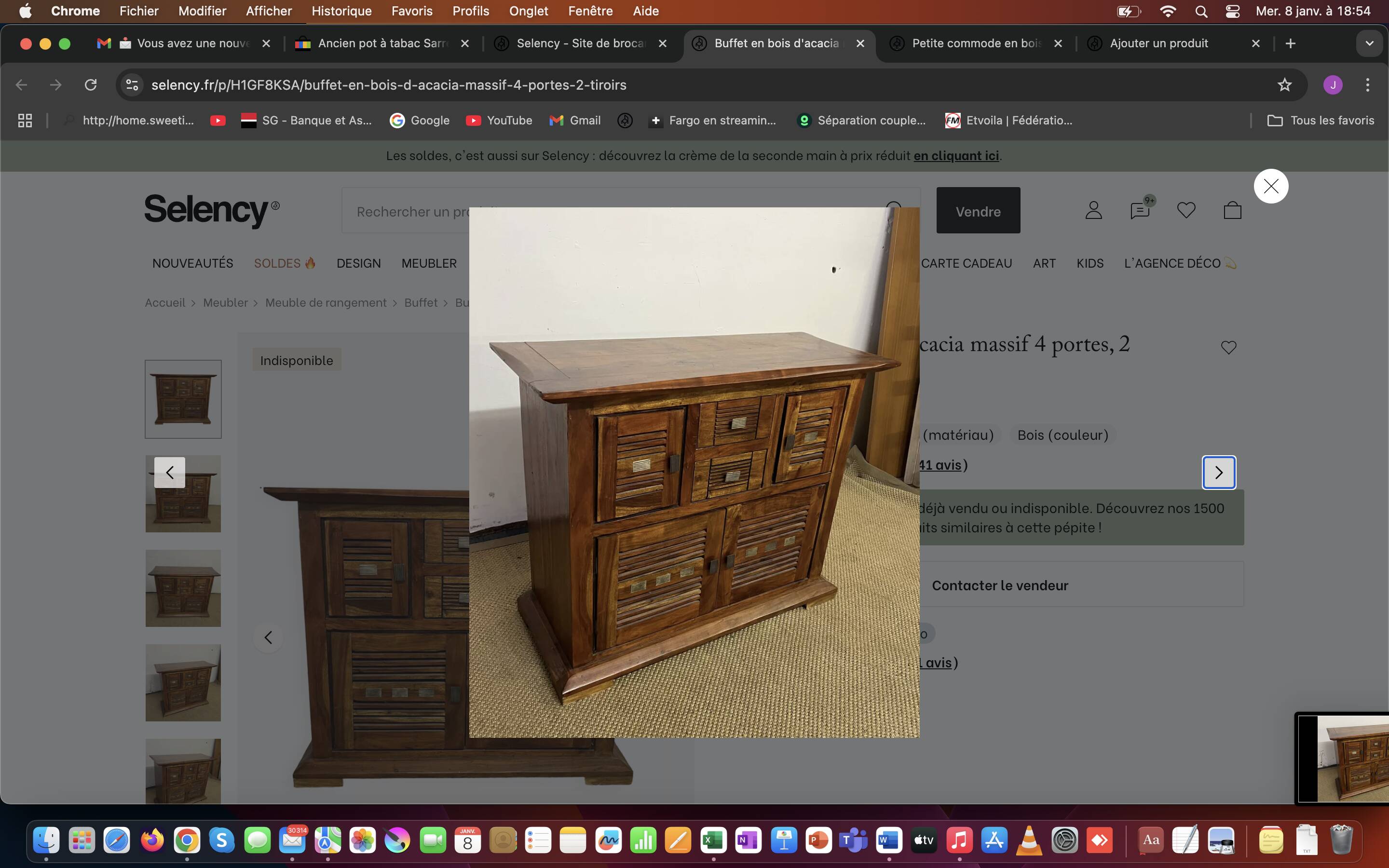 Buffet en bois d'acacia massif 4 portes, 2 tiroirs