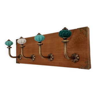Vintage STYLE wall coat rack – metal hooks and turquoise buttons