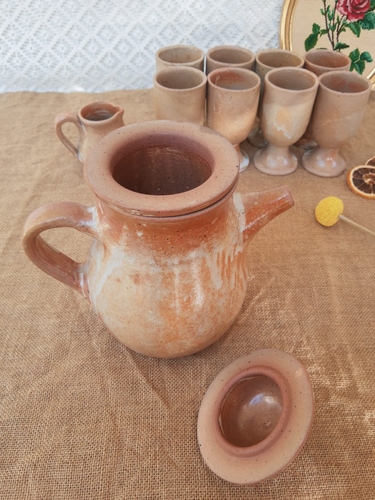 Vintage stoneware 8 mazagrans teapot and milk jug set