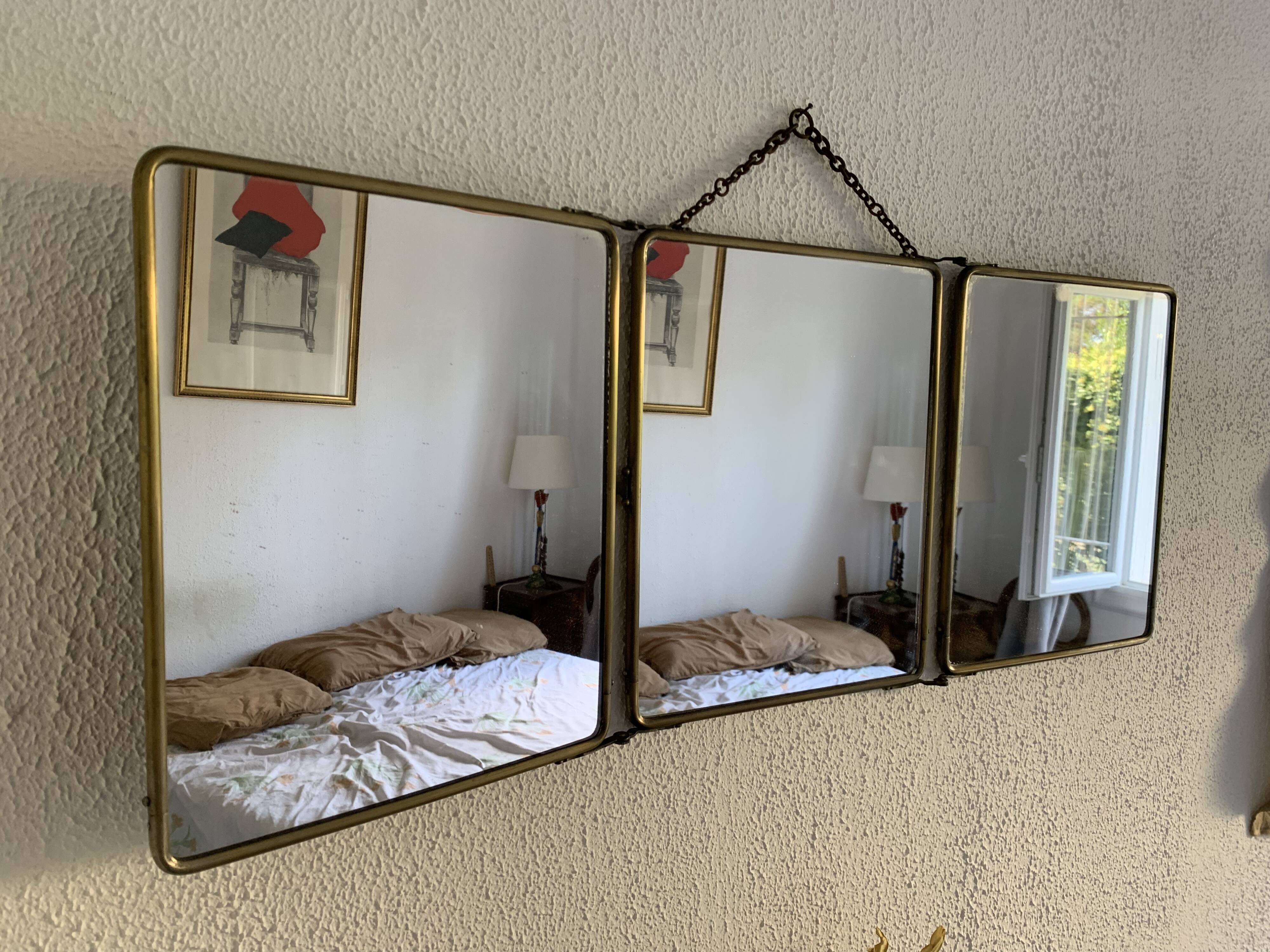 Vintage 1930s barber's triptych mirror Le Solide Paris - 33 x 86 cm