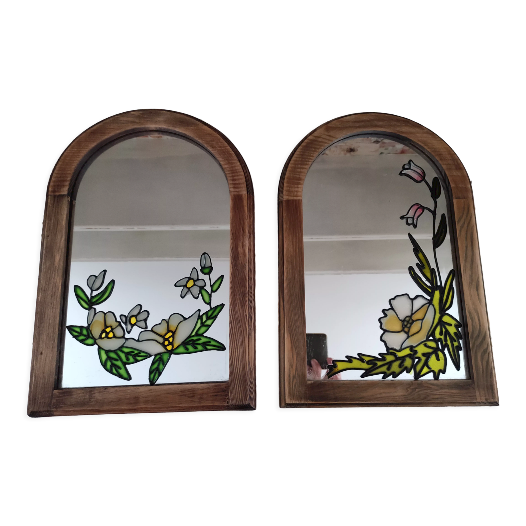 Set of 2 vintage mirrors in light brown wood Art Nouveau style