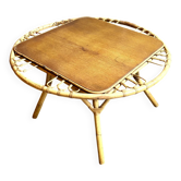 Table basse en bois et rotin, années 1960 ⌀ 85 cm