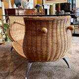 Rattan coffee table, glass top, metal legs, France, 1980