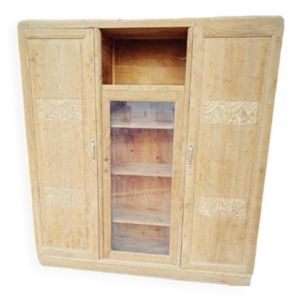 Armoire art déco vitrine en chêne brut