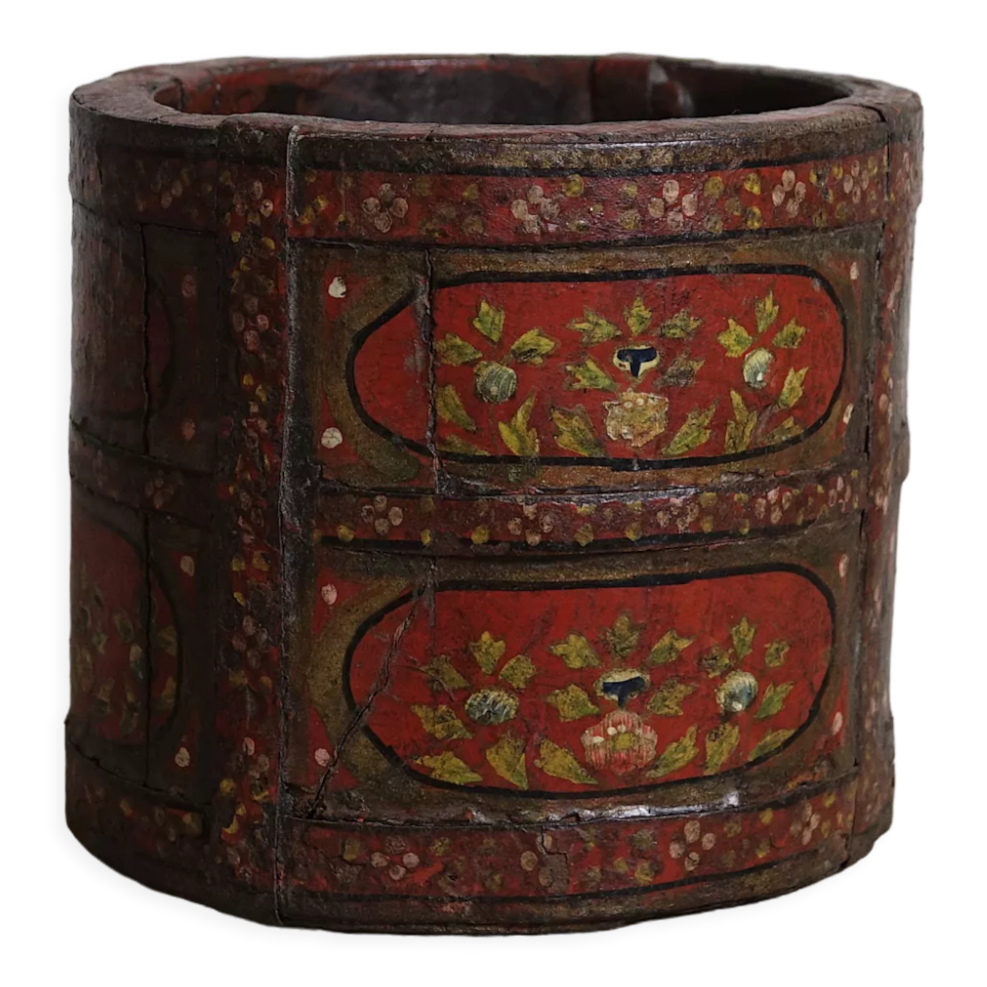Antique wooden pot painted by hand