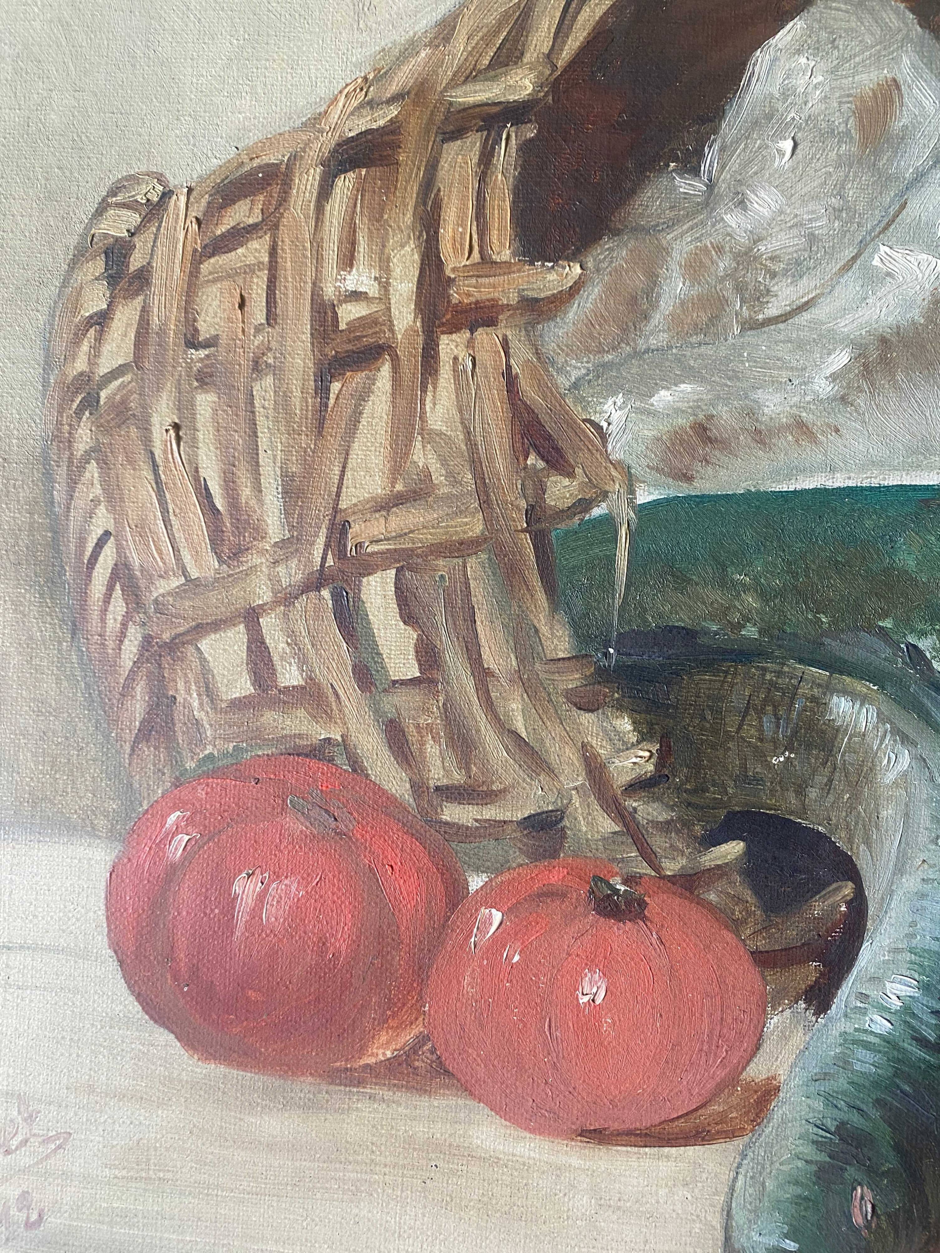 HST painting "Still life with basket and pike" signed H. Baillet 1912