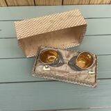 salerons vintage faïence décor coquillage + cuillères dorées en coffret