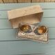 vintage earthenware salt cellars shell decor + golden spoons in box