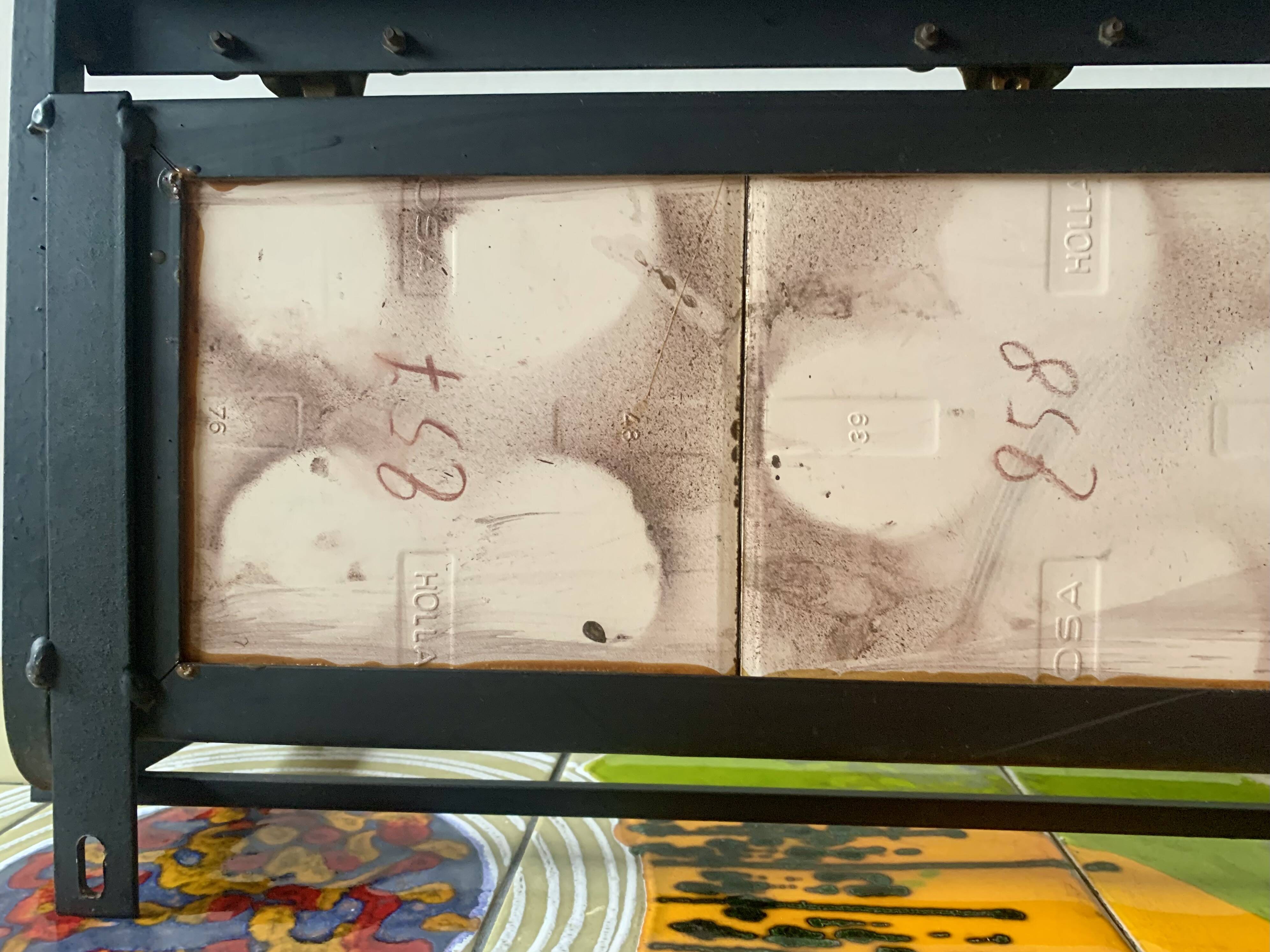 Vintage wall-mounted coat rack in steel, brass and ceramic