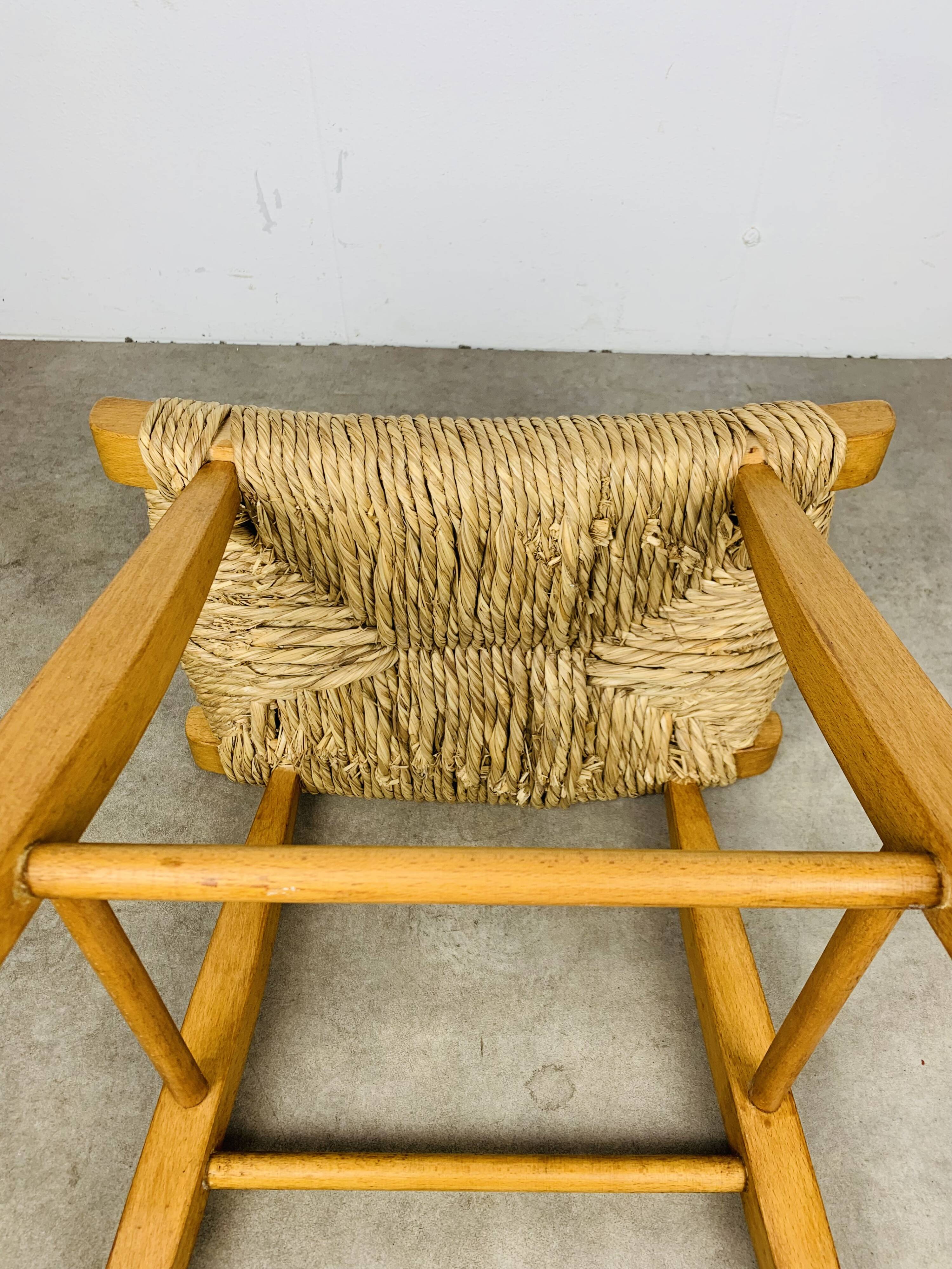 Bull stool straw and wood, Swiss design, 1950s