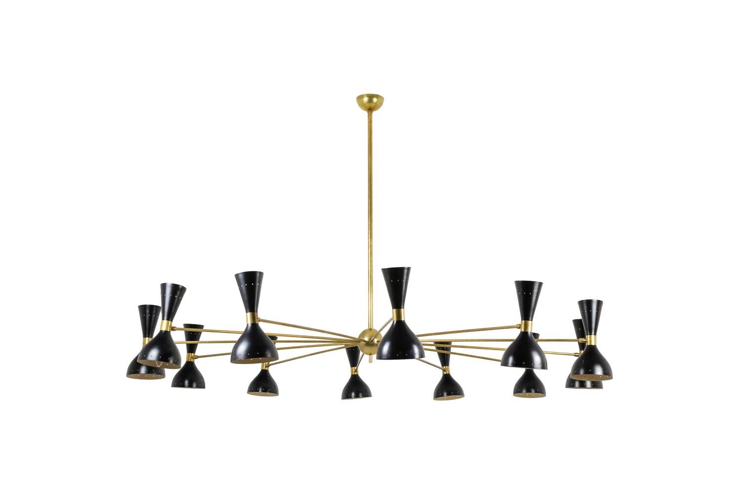 Black lacquered metal 12-arm light chandelier. Contemporary.