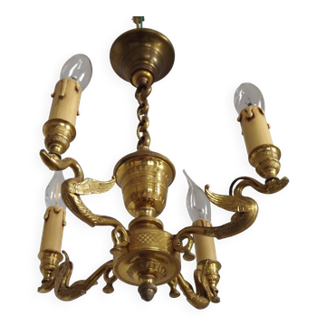 French Empire Style Bronze 4-Light Chandelier with Swan Detail Arms