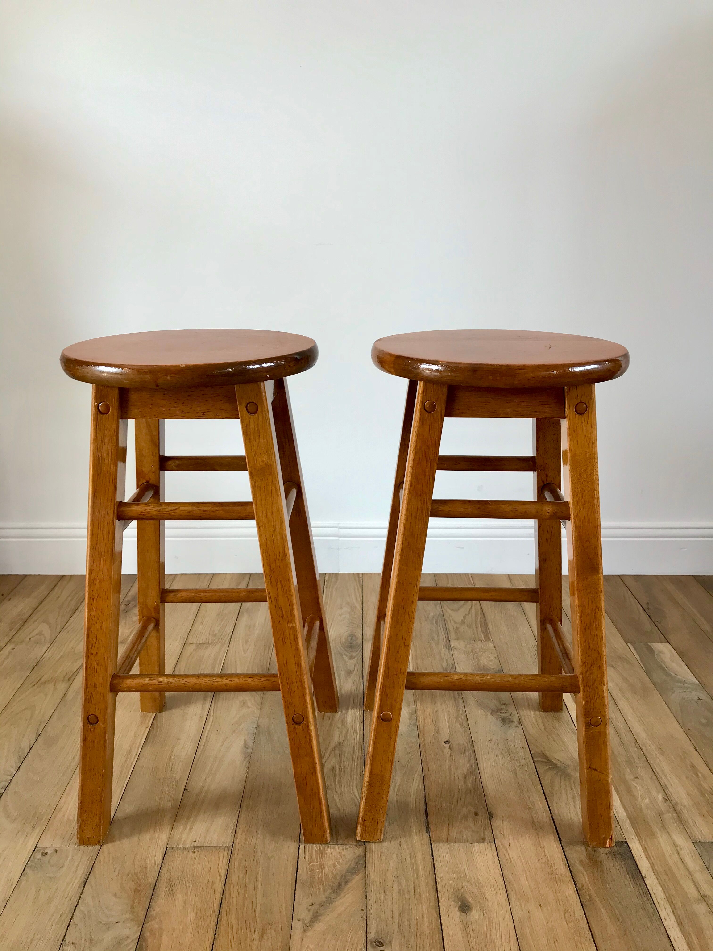Pair of high stools / bar varnished wood 60-70s