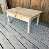 Raw wood and taupe coffee table