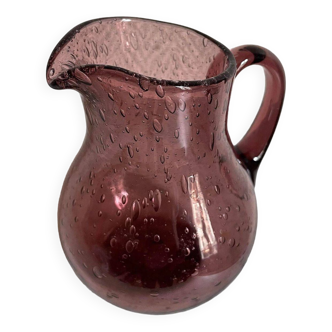 Small purple pitcher signed Biot glass with encrusted bubbles