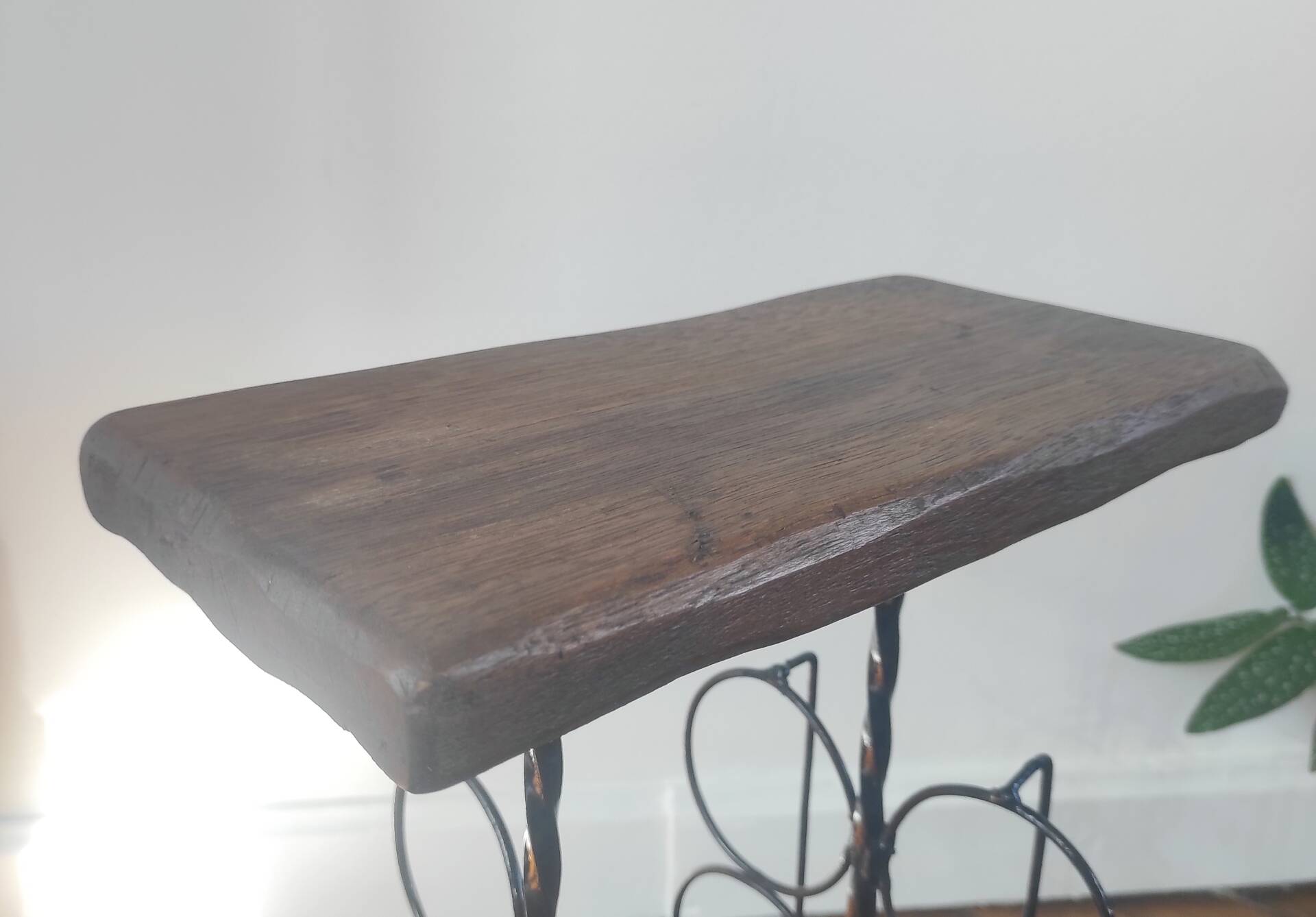 Side table, brutalist bottle holder in wrought iron and solid wood.