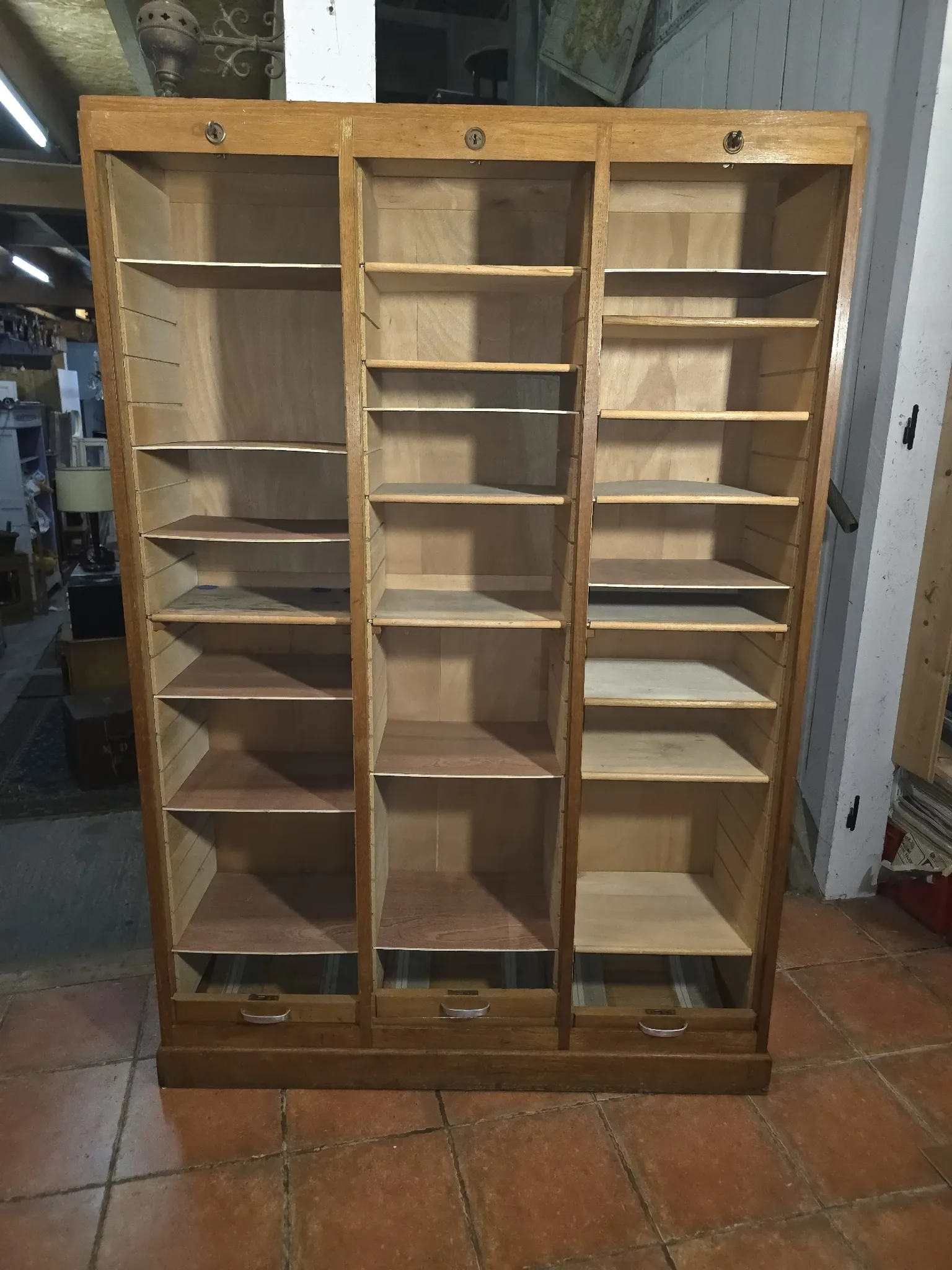 Vintage oak three-panel curtain cabinet
