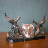 Pair of art deco seagull bookends in regulates and marble, bookcase, desk