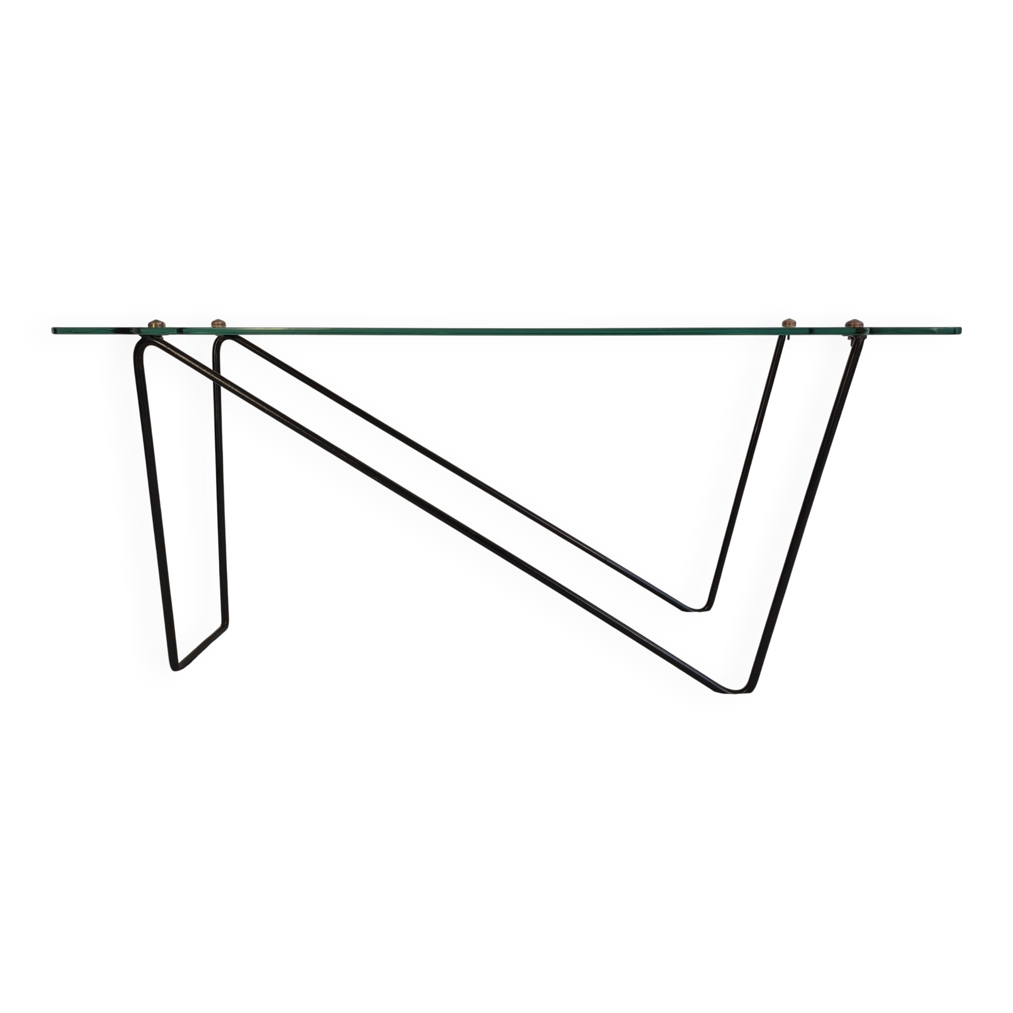 Superb asymmetrical coffee table AIRBORNE 1950s glass and lacquered metal.