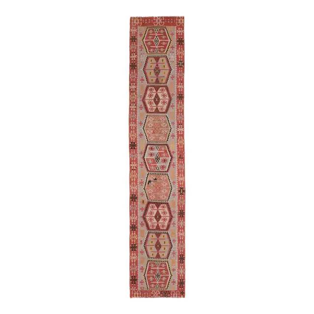1970s Vintage Turkish Oushak Handmade Wool Cotton Red Runner Rug 70x354