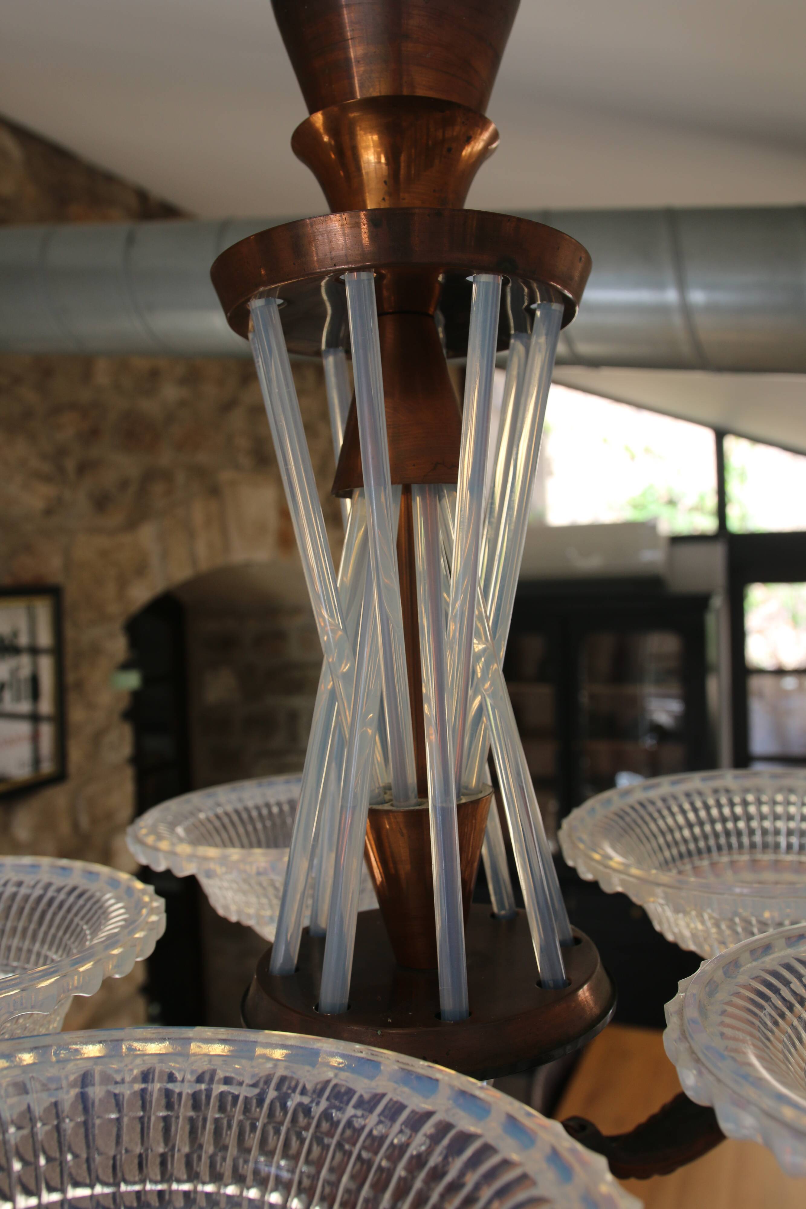 Art Deco lustre, opalescent glass, Ezan & Petitot, signed.