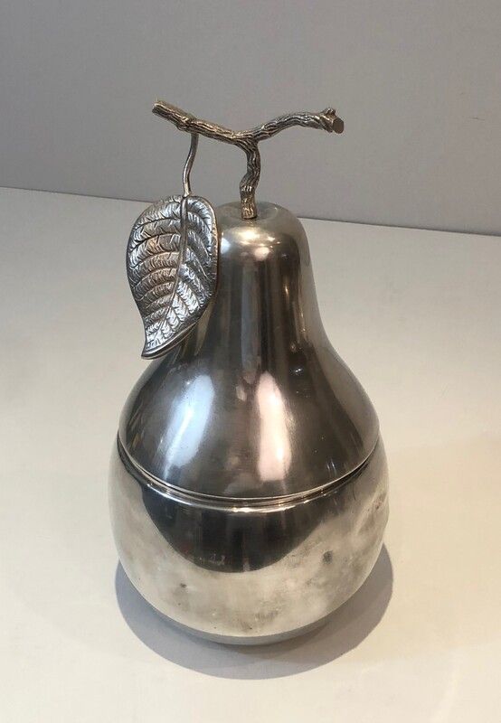 Silver-plated metal and plastic pear-shaped ice bucket.