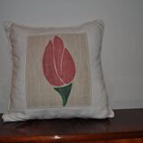 Vintage cream tulip cushion in linen with floral appliqué, 50x50 cm