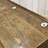 Early 20th century oak school desk with porcelain inkwells