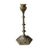 Baroque/Antique style torch candleholder, nineteenth, gilded bronze. Head motifs, volute arabesques