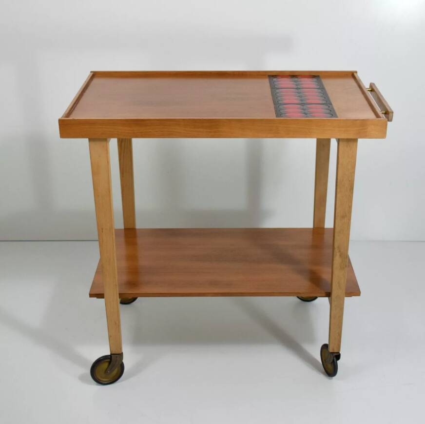 Vintage rolling bar or serving trolley, red ceramic, 1950s design