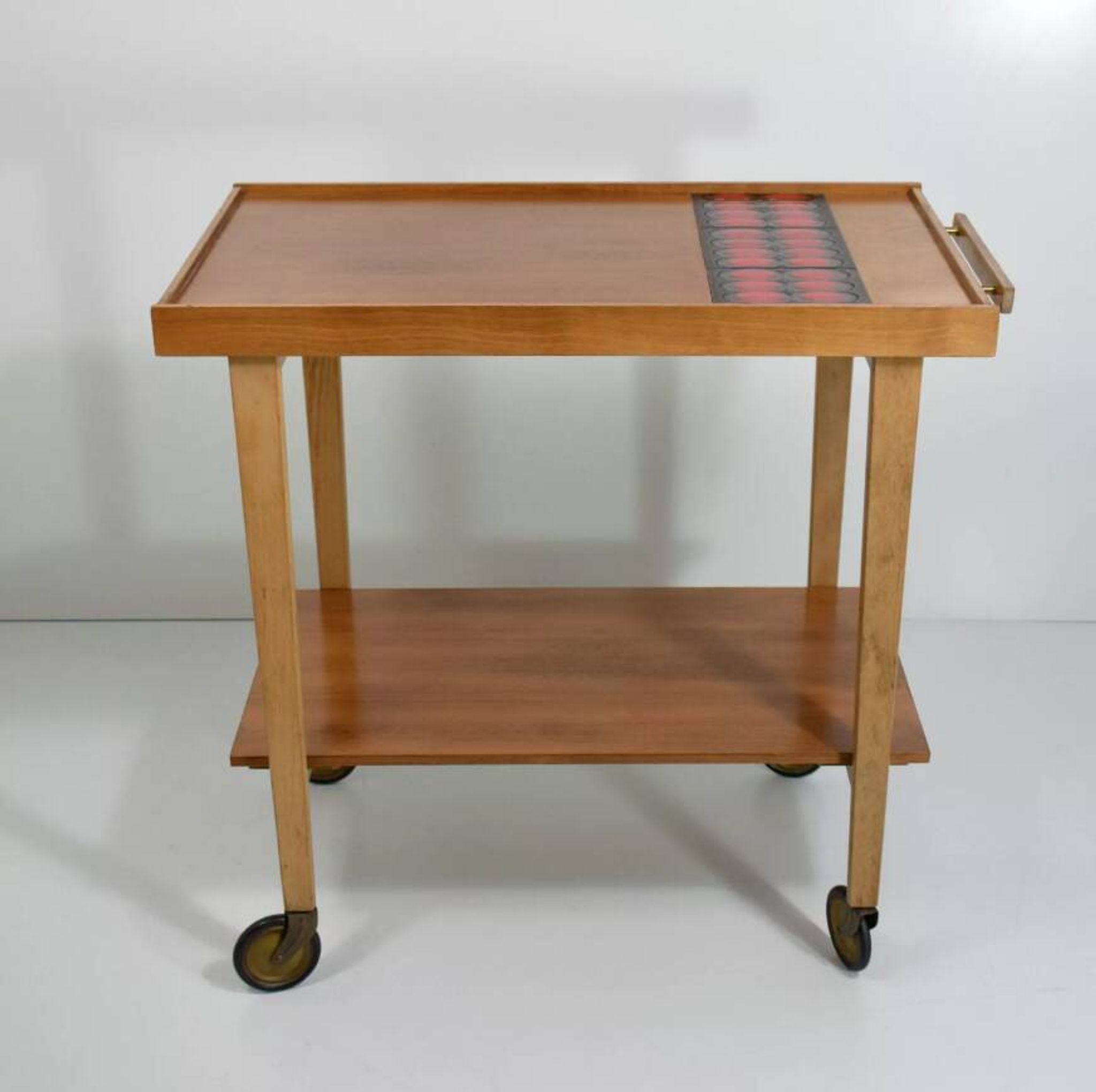Vintage rolling bar or serving trolley, red ceramic, 1950s design
