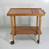 Vintage rolling bar or serving trolley, red ceramic, 1950s design