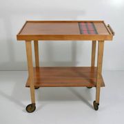 Vintage rolling bar or serving trolley, red ceramic, 1950s design