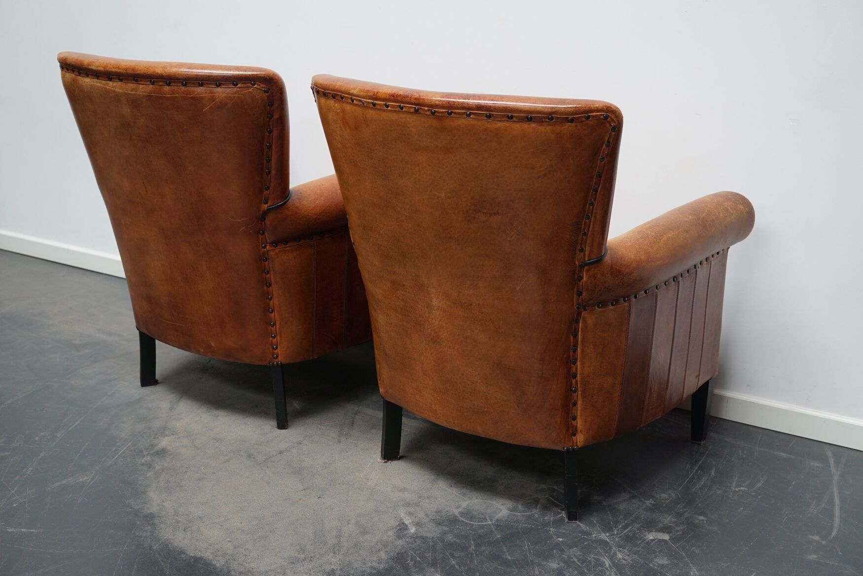 Fauteuil club en cuir vintage hollandais de couleur cognac, ensemble de 2